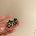 Vintage green resin diamond earrings with emerald tassel fringe in golden finish - 38# Silver Needle Rhombus Emerald
