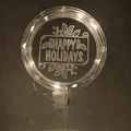 Macro detail of LED acrylic cake topper with warm glowing Happy Holidays engraving - Style 5 Warm Light
