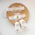 Detail of infant gift set with lace bow headbands and white knit socks for baby girls - 4659 White Star Headband + Socks