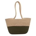 Summer woven tote bag in off-white and olive green bicolor design with rope handles - Large / Green