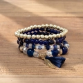 Böhmisches Set aus mehrlagigen Perlenarmbändern mit blauen Perlen und Blattanhänger - 23032015 / Reisperlen