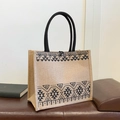 Borsa tote in lino beige con stampe geometriche nere e manici in corda spessa - Grande Triangolo