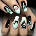 Long coffin press-on nails with Santa Claus and reindeer festive holiday artwork - Christmas Santa & Elk Style (AW466) / 24Pcs/Box (Includes Jelly Glue + File)