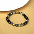 Natural tiger eye and black onyx beaded stretch bracelet with silver spacer beads - 19cm/8mm Bead Diameter / Dreamy Tiger Eye