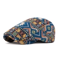 Ethnic jacquard flat cap in navy blue with geometric patterns and vintage style - Adjustable / Navy Blue 1