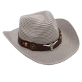 Detail of grey straw cowboy hat featuring brown leather band and silver bull skull buckle - One Size / Gray