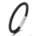 Handcrafted black braided leather bracelet featuring a polished silver magnetic metal clasp - Woven Cowhide/Silver Stainless Steel Magnetic Clasp / Black Leather Silver Buckle