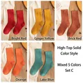 Five-pair set of thick thermal crew socks in red, yellow, brick, orange, and blue colors - One Size / Women's High Elastic Mix Group C