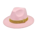 Detailed view of pink wool fedora hat featuring a gold sequin decorative ribbon band - Pink