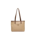 Minimalistische große Tragetasche aus Leder in Beige und Braun mit praktischer Außentasche - Khaki