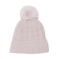 Bonnet d'hiver en maille torsadée rose avec un grand pompon en fourrure synthétique - M (56-58cm) / Rose