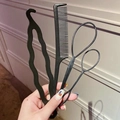 Black hair braiding tool set including wave clip, rat tail comb and two topsy tail loop tools - Style 7 Bun Maker Kit (D4-028) / Four-Piece Set / Black