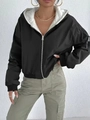 Women's black hooded bomber jacket with white faux shearling lining and metal zipper - S / Black