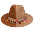 Two-tone wool fedora in caramel and beige with boho shell and tassel accents - Khaki Camel With Shells Tassels