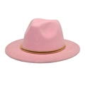 Detail of pink wool fedora hat featuring a flat brim and elegant gold metal decorative band - M (56-58cm) / Pink