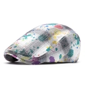 Artistic white tie-dye beret with colorful paint splatter and gray plaid pattern - Color 8