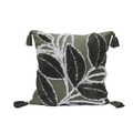 Green boho tufted cushion cover with white leaf embroidery and corner tassels - Pillowcase And Core / Leaf Green