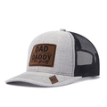 Grey and black trucker hat with mesh back and leather patch featuring text - Grey+Black