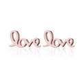 Detailed view of polished rose gold Love stud earrings with cursive script and metallic shine - Rose Gold