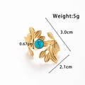 Gold leaf shaped stainless steel ring with turquoise stone inlay and dimensions - Wrap Leaf Turquoise Style (TR137-Blue)