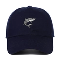 Detailed close-up of realistic shark embroidery on a navy blue cotton baseball cap - Adjustable / Navy Blue