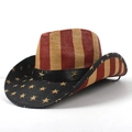 Vintage western cowboy hat with US flag pattern and gold star accents on a black leather band - 56-58cm / Stars and Stripes Style (10)