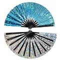 Set of large holographic folding fans in blue and silver with iridescent honeycomb texture - Blue Holographic Laser C32
