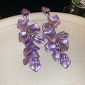 Close-up detail of elegant lavender petal drop earrings with metallic satin finish - Steel Earring Post (23#)