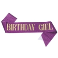 Glitter purple fabric sash with gold Birthday Girl lettering on a white background - One Size / Purple With Gold Text