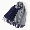 Dual-sided faux rabbit fur scarf in navy blue and grey with elegant fringe tassels - Navy Grey