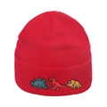 Red knit beanie featuring colorful cartoon dinosaur embroidery on a folded cuff - Cartoon Dinosaur Embroidery / Red