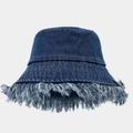 Detail of frayed edges and distressed fringe on a heavy denim bucket hat in dark blue - M (56-58cm) / Dark Blue Denim