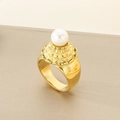 Detailed close-up of a gold textured square ring with an elegant inlaid white pearl - US 6 / Gold Rhombic Pattern Pearl Style (KR111064-K)