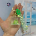 Cute green frog liquid quicksand keychain with green silicone wrist strap and gold ring - Floral Strap + Square Bottle Frog / Cute Frog - Gazing