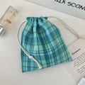 Detailed view of blue and green plaid drawstring bag with cotton cord and soft texture - Blue Green Plaid (Small)