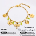 Edelstahl Armband mit 18K Goldbeschichtung, grünen Perlen und Natur-Anhängern - Natur Insekten Stil (SL41232)