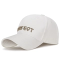 White baseball cap with gold 'PERFECT' embroidery and curved brim in 45-degree side view - Adjustable / White