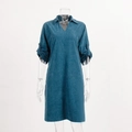 Detail of teal corduroy midi dress showing V-neck design and textured ribbed fabric - S / Dark Green