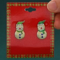 Christmas snowman stud earrings with green hat and red nose on holiday gift card - Rhinestone Snowman (H-227)