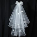 Luminous white tulle bridal veil with large bow and 3D butterfly decorations - Heart Rhinestone White Rolled Edge Veil