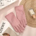 Pink bow touch screen winter gloves for women with fashion embroidery and fleece lining - One Size / Women's Letter - Rabbit Hair Pink