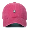 Close-up of ghost embroidery and washed cotton fabric texture on pink baseball cap - Rose Red