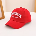 Detailed close-up of red cotton baseball cap with white Brooklyn New York 3D embroidery - 54cm (3-8 Years) / Red