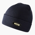 Detail of navy blue ribbed knit beanie with a gold classic fashion metal plaque - Dark Gray
