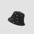 Detail of white daisy embroidery on a black denim sun hat with a minimalist design - M (56-58cm) / Black