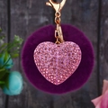 Sparkling pink rhinestone heart keychain with a deep purple fluffy pompom and gold clasp - Heart Purple + Dark Purple Pom Pom
