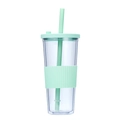 Clear double wall plastic tumbler with green straw and silicone sleeve, detail view. - 24oz / Pistachio