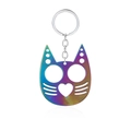 Macro view of a colorful rainbow metal cat-shaped keychain with dual-hole design - Justice Cat Colorful (K00636-12)