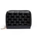 Unisex black leather accordion card holder with embossed texture and gold zipper closure - Round Embossed Glossy Black