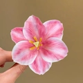 Pink and white gradient mesh flower hair clip with yellow stamen for women - Rose Narcissus